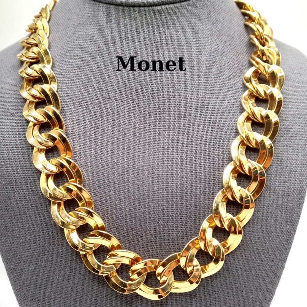 Vintage 1980's Monet Gold Tone Double Link Chain Necklace, Chunky and Classic